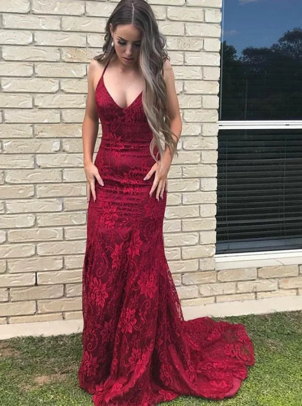 Spaghetti Burgundy Prom Dress Lace Mermaid Long Evening Dress OP846 Shift Classic Vintage Spaghetti Burgundy Prom Dress Lace Mermaid Long Evening Dress OP846 Shift Classic Vintage