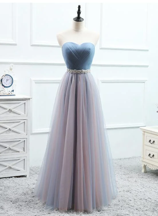 Tulle Sweetheart Blue Long Bridesmaid Dress with Belt, Charming Party Dress Tunics Business professional