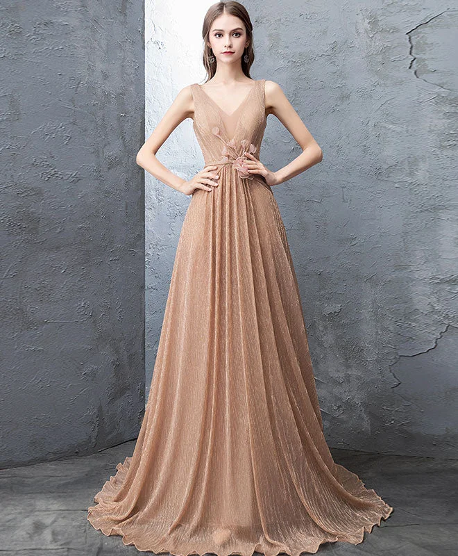 Unique Gold V Neck Tulle Long Prom Dress, Gold Tulle Evening Dress Tunics Short Trendy