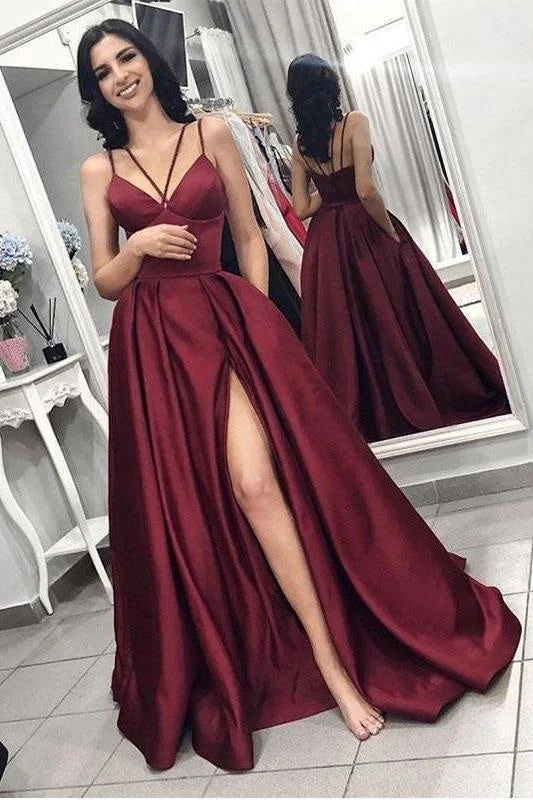 Unique Spaghetti Strap Satin Prom with High Slit Sexy Burgundy Evening Dress Peplum Ruffle Cocktail