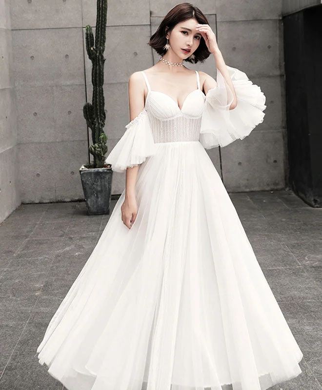 Unique Tulle Long Prom Dress, White Evening Dress Tunics Winter warm