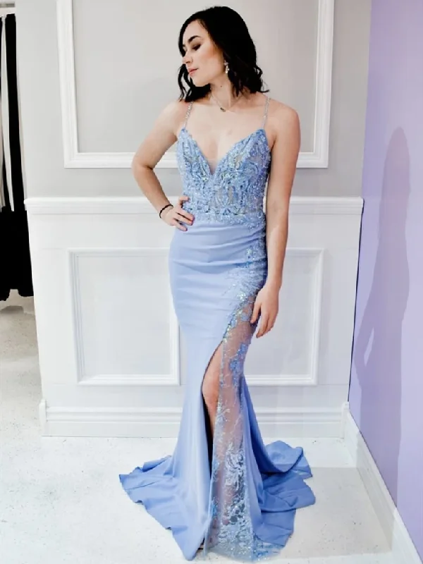 V Neck Blue Mermaid Lace Long  Prom Dresses, Sky Blue Mermaid Lace Formal Evening Dresses, Blue Lace Mermaid Bridesmaid Dresses Tunics Fashionable trendy