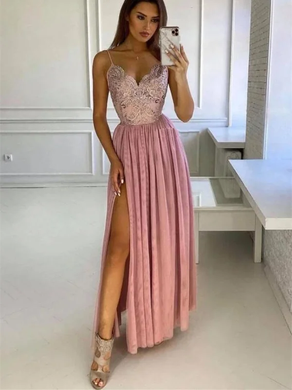 V Neck Pink Lace Long Prom Dresses, V Neck Pink Lace Long Bridesmaid Dresses, Lace Pink Formal Evening Dresses Tunics Stylish elegant