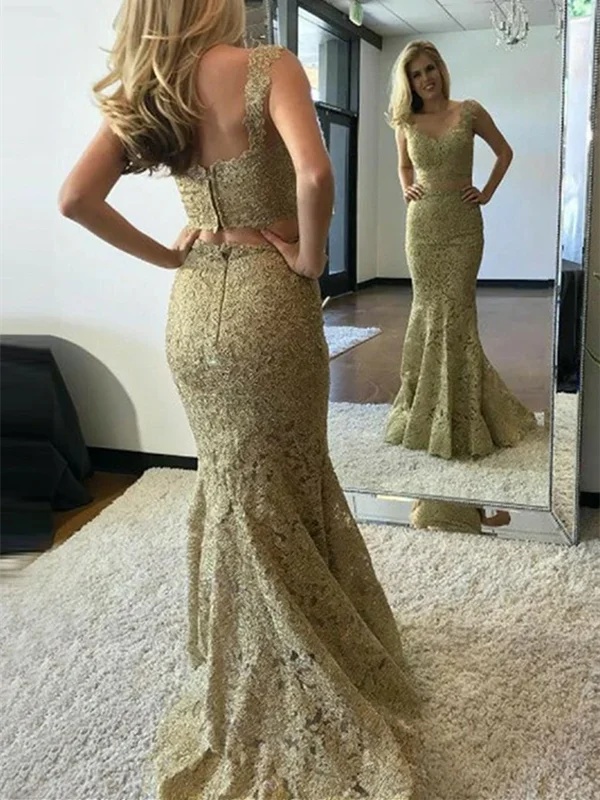 V Neck Two Pieces Mermaid Golden Lace Long Prom Dresses, 2 Piece Golden Mermaid Lace Formal Evening Dresses Tunics Luxurious premium