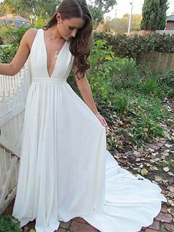 V Neck White Chiffon Long Prom Dressses, V Neck White Chiffon Long Formal Evening Dresses Tunics Timeless classic