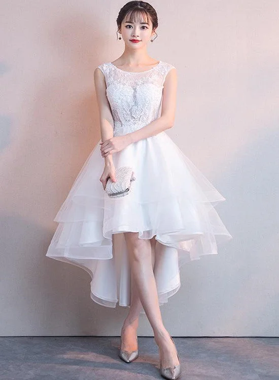 White High Low Graduation Dress , Tulle and Lace Party Dresses Lace Sexy Club