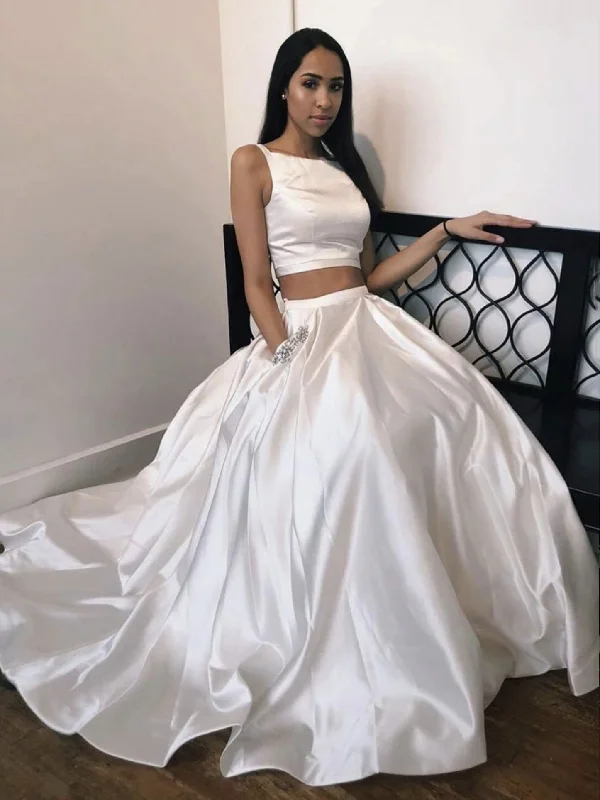 White satin two pieces long prom dress, white evening dress Tunics Velvet soft