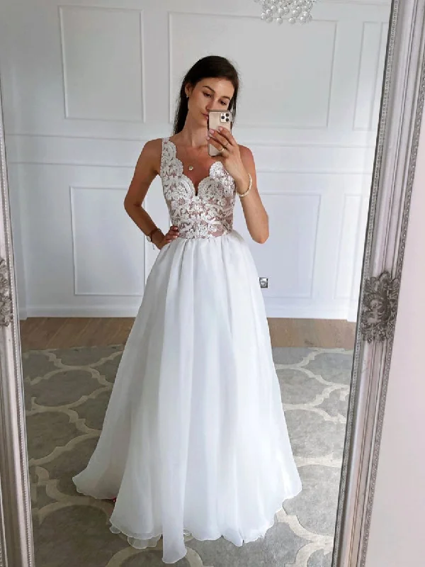 White v neck lace tulle long prom dress, lace long evening dress Tunics Review highly