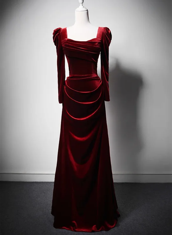 Wine Red Long Sleeves Velvet Long Party Dress, Wine Red A-line Prom Dress Wedding Party Dress Tunics Timeless classic Wine Red Long Sleeves Velvet Long Party Dress, Wine Red A-line Prom Dress Wedding Party Dress Tunics Timeless classic