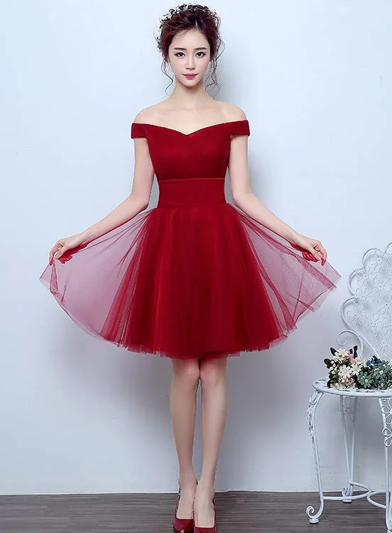 Wine Red Off Shoulder Party Dress, Tulle Short Formal Dress A-Line Day Work