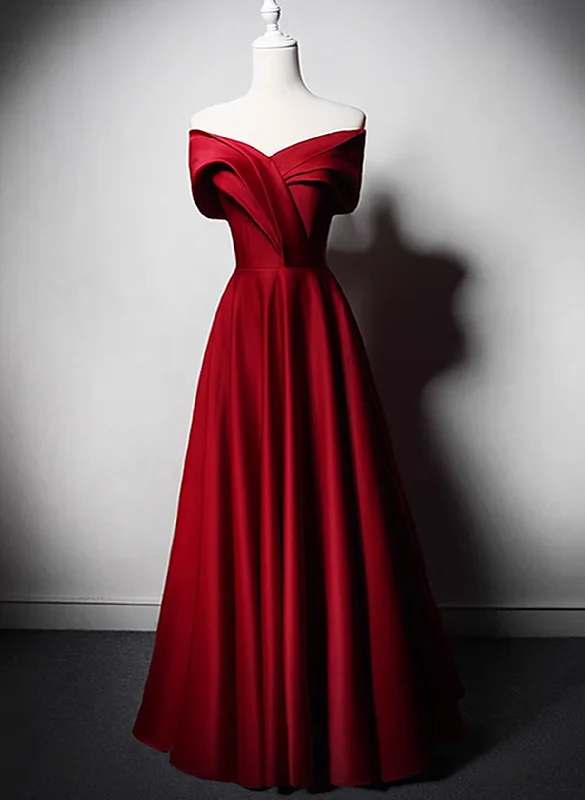 Wine Red Satin Off Shoulder Long Party Dress, A-line Wine Red Floor Length Prom Dress Tunics New arrival Wine Red Satin Off Shoulder Long Party Dress, A-line Wine Red Floor Length Prom Dress Tunics New arrival