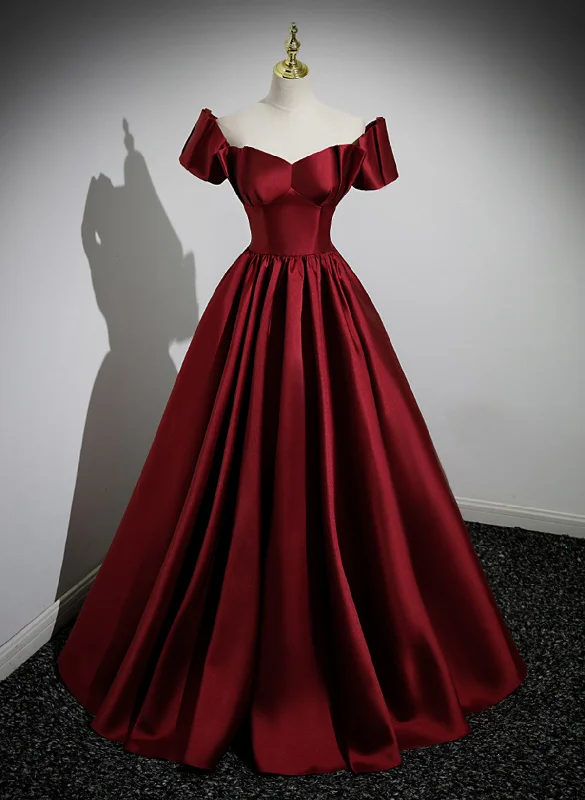 Wine Red Satin Short Sleeves Long Party Dress, Simple Wine Red Satin Prom Dress Pleated Skirt Elegant Wine Red Satin Short Sleeves Long Party Dress, Simple Wine Red Satin Prom Dress Pleated Skirt Elegant