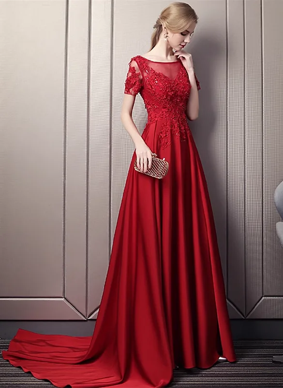Wine Red Satin Short Sleeves with Lace Long Party Dress, A-line Wedding Party Dress Tunics Winter warm Wine Red Satin Short Sleeves with Lace Long Party Dress, A-line Wedding Party Dress Tunics Winter warm