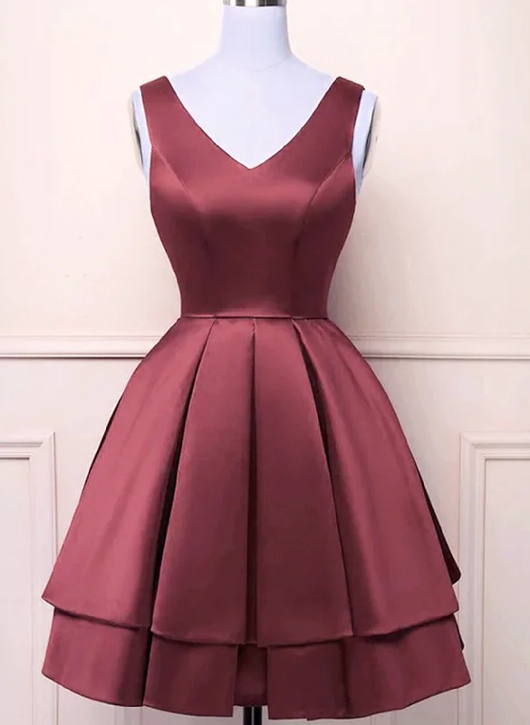 Wine Red Satin V-neckline Short Party Dress, Wine Red Homecoming Dress Tunics Recommended stylist Wine Red Satin V-neckline Short Party Dress, Wine Red Homecoming Dress Tunics Recommended stylist