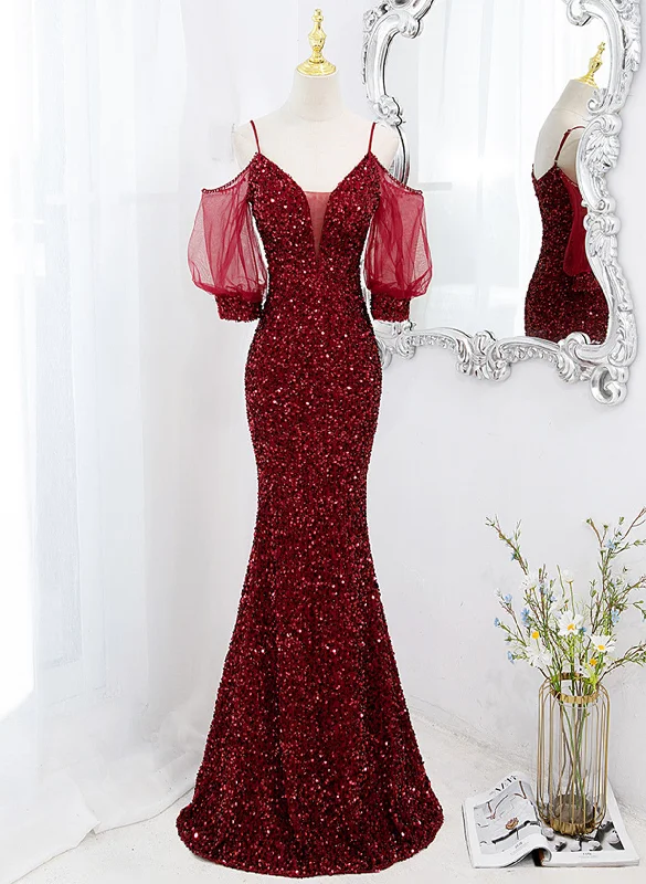 Wine Red Sequins Mermaid Long Party Dress, Wine Red Evening Dress Prom Dress Tunics Practical durable Wine Red Sequins Mermaid Long Party Dress, Wine Red Evening Dress Prom Dress Tunics Practical durable