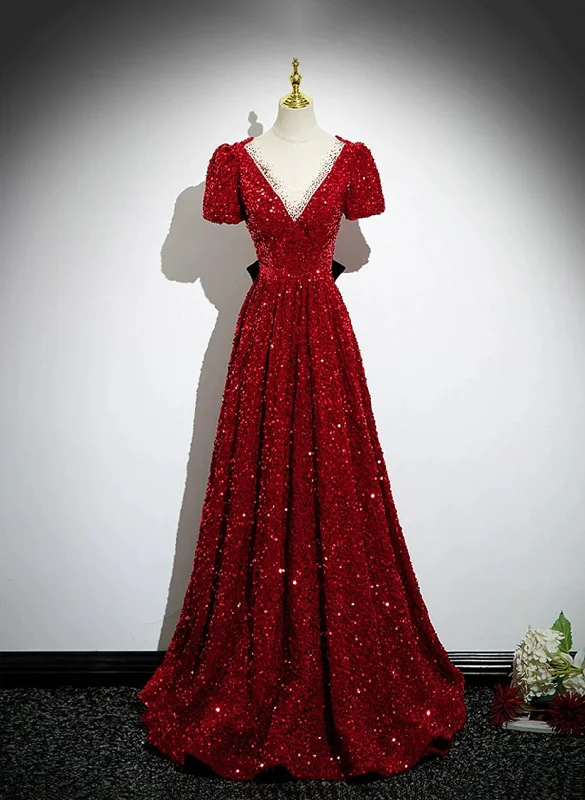 Wine Red Sequins V-neckline Short Sleeves Party Dress, Wine Red Evening Dress Tunics Versatile functional Wine Red Sequins V-neckline Short Sleeves Party Dress, Wine Red Evening Dress Tunics Versatile functional