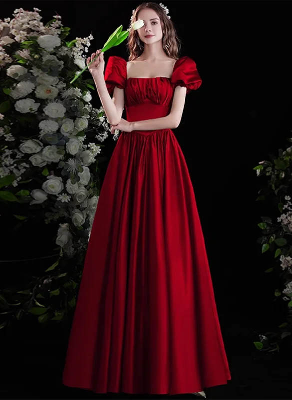Wine Red Short Sleeves Scoop Long Party Dress, Wine Red Satin Prom Dress Formal Dress Tunics Trendy modern Wine Red Short Sleeves Scoop Long Party Dress, Wine Red Satin Prom Dress Formal Dress Tunics Trendy modern