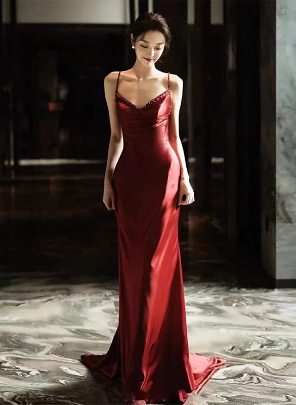 Wine Red Soft Satin Straps V-neckline Party Dress, Wine Red Evening Dress Square Neckline Feminine Wine Red Soft Satin Straps V-neckline Party Dress, Wine Red Evening Dress Square Neckline Feminine