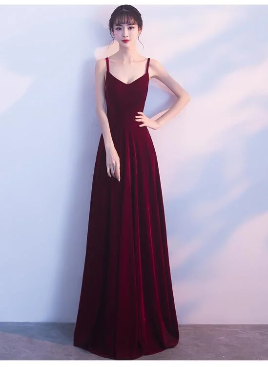 Wine Red Straps Velvet Long Bridesmaid Dress , Party Dress Tunics Essential wardrobe