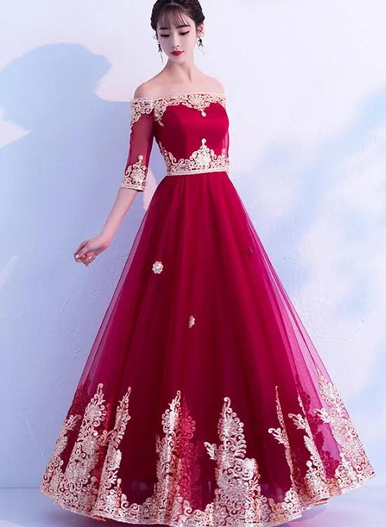 Wine Red Tulle Long Party Dress , Off Shoulder Party Gown Tunics Sale discount