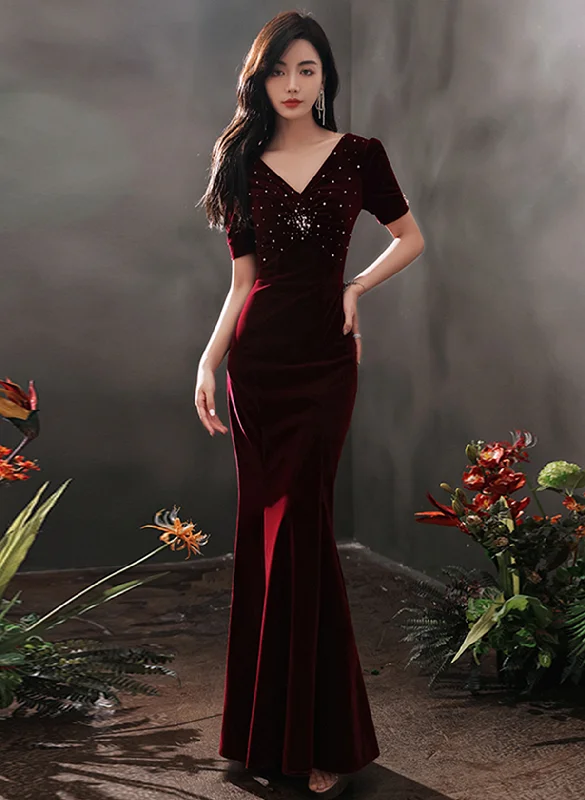 Wine Red Velvet Beaded Short Sleeves Long Party Dress, Wine Red Mermaid Prom Dress Tunics Seasonal trendy Wine Red Velvet Beaded Short Sleeves Long Party Dress, Wine Red Mermaid Prom Dress Tunics Seasonal trendy