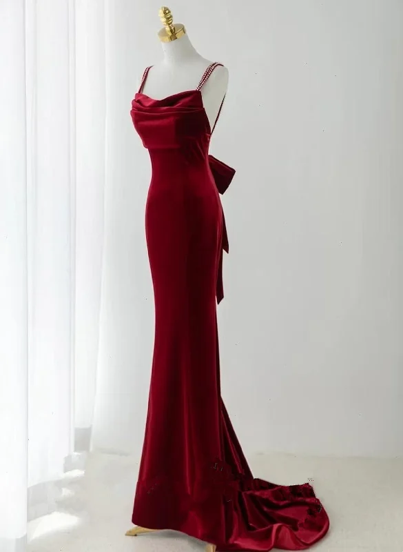 Wine Red Velvet Low Back Straps Long Party Dress, Wine Red Wedding Party Dress Tunics Long Elegant Wine Red Velvet Low Back Straps Long Party Dress, Wine Red Wedding Party Dress Tunics Long Elegant