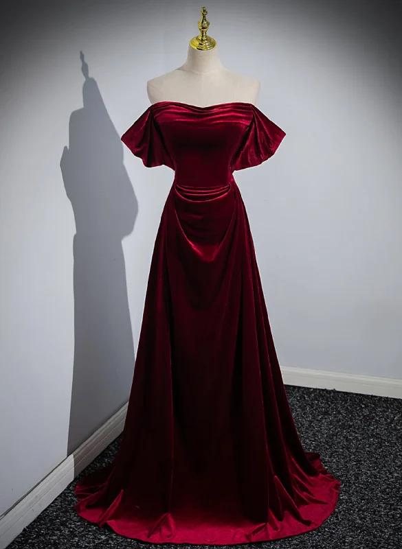 Wine Red Velvet Off Shoulder A-line Long Party Dress, Wine Red Floor Length Prom Dress Chiffon Maxi Beach Wine Red Velvet Off Shoulder A-line Long Party Dress, Wine Red Floor Length Prom Dress Chiffon Maxi Beach