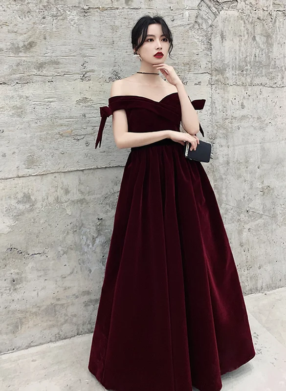 Wine Red Velvet Off Shoulder Party Dress, A-line Velvet Bridesmaid Dress Prom Dress Tunics Short Trendy Wine Red Velvet Off Shoulder Party Dress, A-line Velvet Bridesmaid Dress Prom Dress Tunics Short Trendy