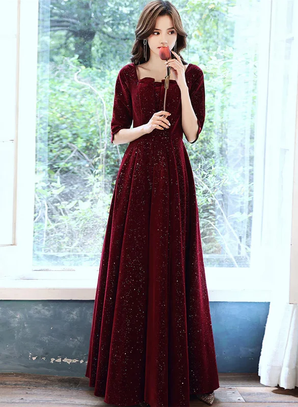 Wine Red Velvet Short Sleeves Long Wedding Party Dress, Wine Red Prom Dress Lace Sexy Club Wine Red Velvet Short Sleeves Long Wedding Party Dress, Wine Red Prom Dress Lace Sexy Club
