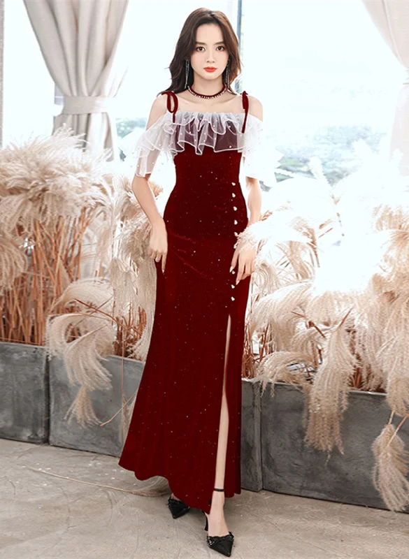 Wine Red Velvet Strapes Long Party Dress with Leg Slit, Wine Red Prom Dress sweetheart Neckline Romantic Wine Red Velvet Strapes Long Party Dress with Leg Slit, Wine Red Prom Dress sweetheart Neckline Romantic