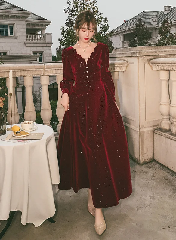 Wine Red Velvet Tea Length Long Sleeves Party Dress, Wine Red Homecoming Dress Tunics Solid Classic Wine Red Velvet Tea Length Long Sleeves Party Dress, Wine Red Homecoming Dress Tunics Solid Classic