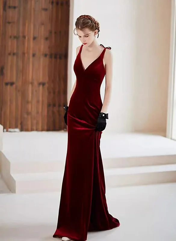 Wine Red Velvet V-neckline Mermaid Long Evening Dress, Wine Red Velvet Prom Dress Tunics Trendy modern Wine Red Velvet V-neckline Mermaid Long Evening Dress, Wine Red Velvet Prom Dress Tunics Trendy modern