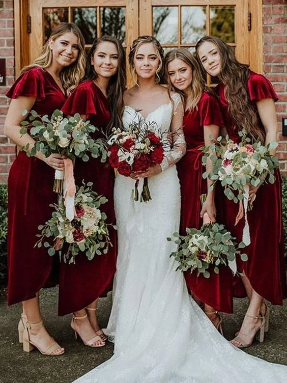 Winter Velvet V-Neck Bridesmaid Dresses High-Low Tea-Length Wedding Party Dresses High-Low Hemline Casual Winter Velvet V-Neck Bridesmaid Dresses High-Low Tea-Length Wedding Party Dresses High-Low Hemline Casual