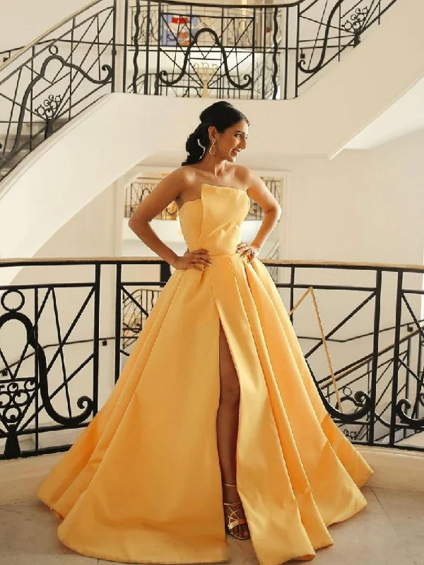 Yellow satin long prom dress, simple yellow evening dress Tunics Hiking breathable