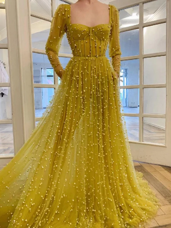 Yellow sweetheart tulle beads long prom dress, yellow evening dress Mermaid Tail Wedding