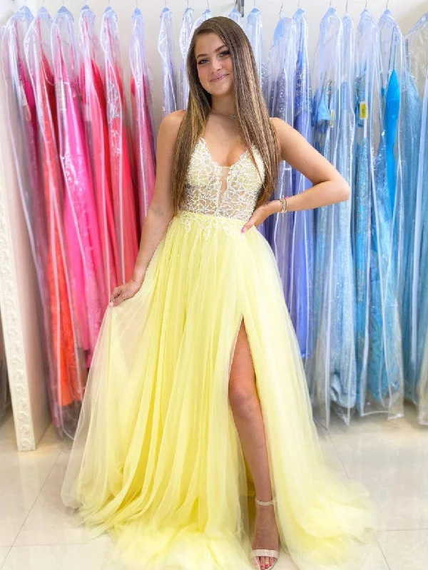 Yellow v neck sequin long prom dress, yellow evening dress Satin Halter Glamorous