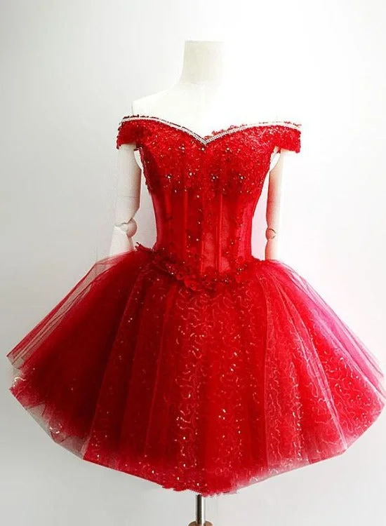 Adorable Red Sweetheart Shiny Tulle Off Shoulder Short Homecoming Dress, Red Party Dress Lace Sexy Club