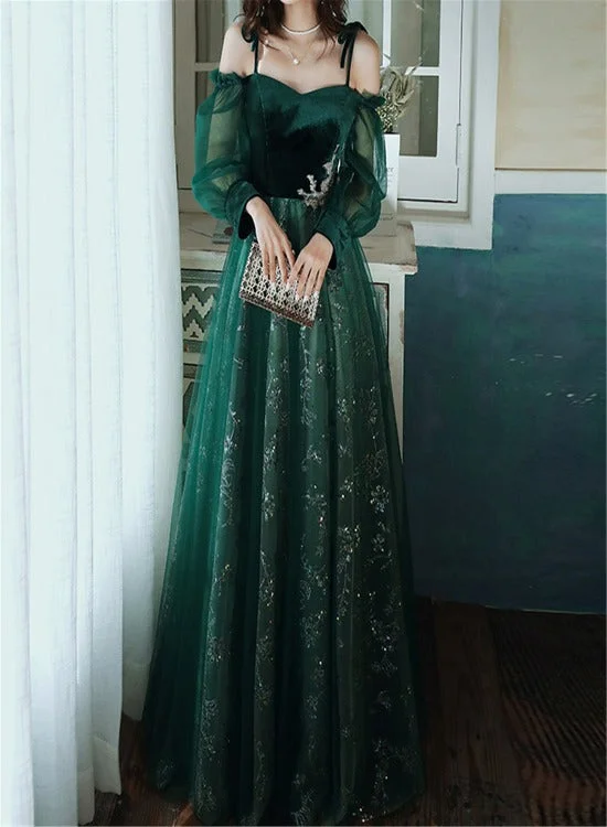 Beautful Dark Green Tulle Stunning Sequin Bridal Dress, Spaghetti Strap Prom Dress Wedding Party Dresses Tunics stripes playful