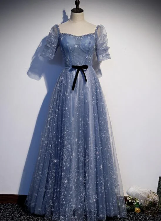 Beautiful Blue Tulle Short Sleeves A-line New Style Prom Dress Party Dress, Blue Formal Dress Tunics Prom sequined