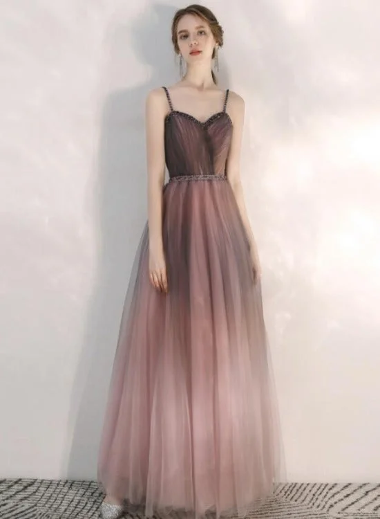 Beautiful Gradient Tulle Straps Sweetheart Long Party Dress, Long Junior Prom Dresses Tunics Summer linen