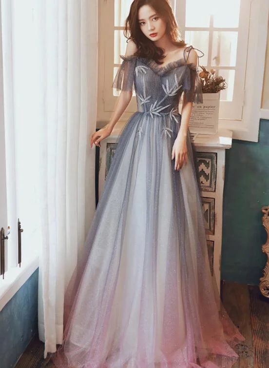 Beautiful Off Shoulder Gradient Shiny Tulle Party Dress, A-line Tulle Prom Dresses Tunics Evening elegant