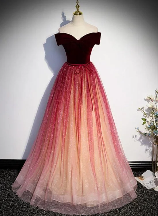 Beautiful Red Gradient Off Shoulder Velvet Long Party Dress Formal Dress, Tulle Junior Prom Dresses Tunics Fleece cozy