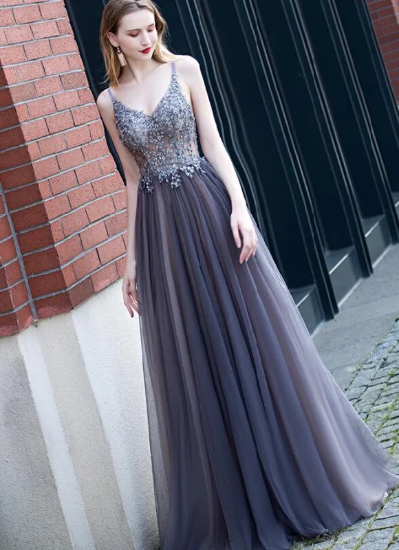 Beautiful Tulle V-neckline Beaded and Lace Long Party Dress, New A-line Prom Dress Tunics Leisure comfortable