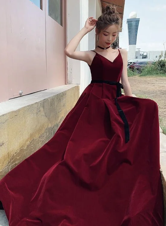 Beautiful Wine Red Velvet Long Party Dress Prom Dress, Dark Red Evening Dresses Off-the-shoulder Chic Trendy