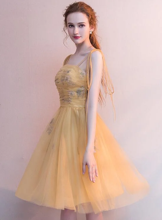 Beautiful Yellow Tulle with Lace Applique Short Party Dress, Yellow Homecoming Dresses Tunics Satin smooth