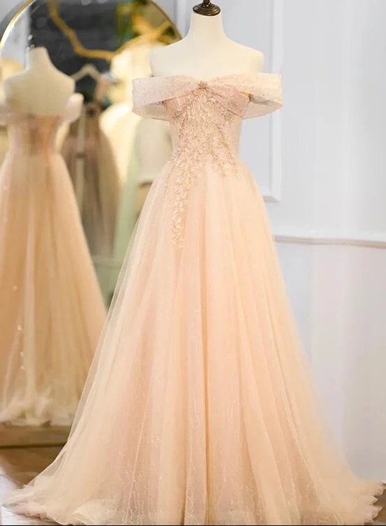 Beutiful Pink Off Shoulder Tulle Beaded Long Party Dresses, Pink Formal Dresses Boat Neckline Classic