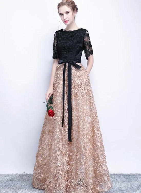 Black and Champagne Lace A-line Long Evening Dress Party Dress, Simple Bridesmaid Dresses Tunics Chic elegant