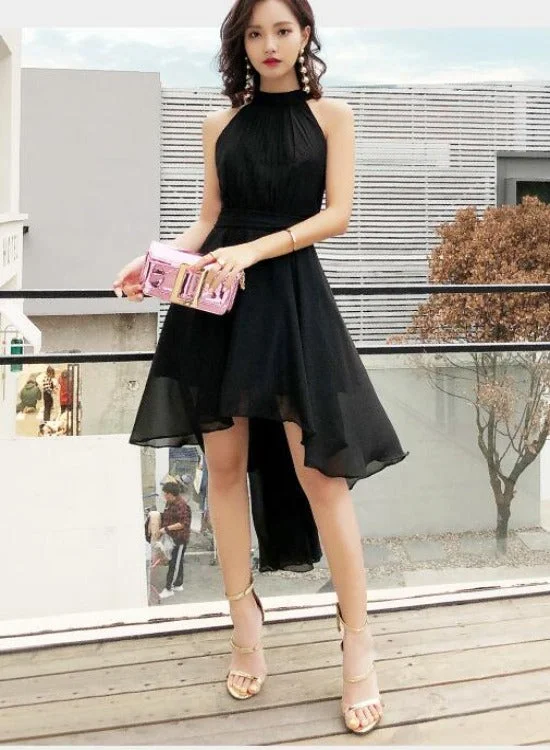 Black Chiffon Halter High Low Party Dress Homecoming Dress, Black Bridesmaid Dresses Tunics Travel practical