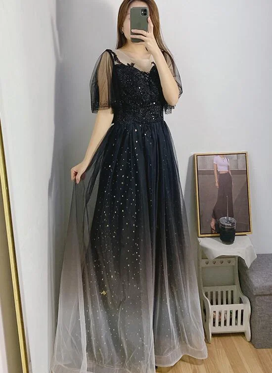 Black Gradient Tulle Off Shoulder Long Party Dresses, A-line Tulle Formal Dress Prom Dress Cowl Neckline Elegant