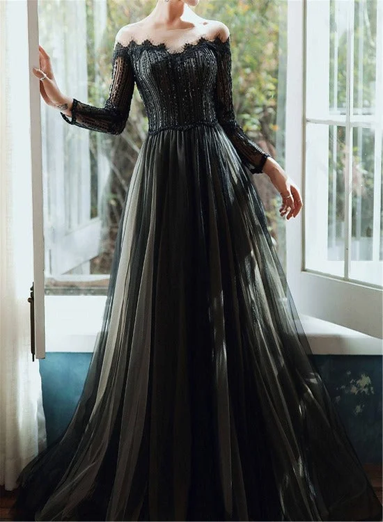 Black Lace Tulle Off Shoulder Long Party Dress with Beaded Long Party Dress, Black Evening Dress Tunics Floral girly